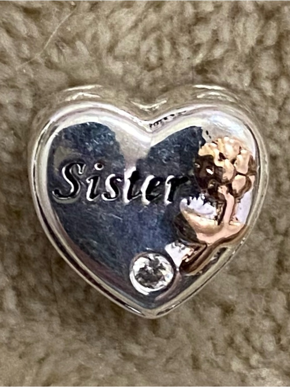 .925 Sterling Silver Sister Heart Charm Pendant  with Rose Gold Accent